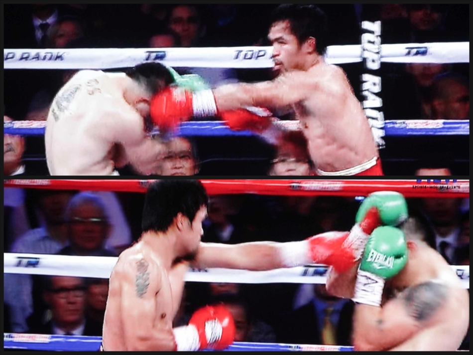 Manny Pacquiao lands left right combos on  Brandon Rios.