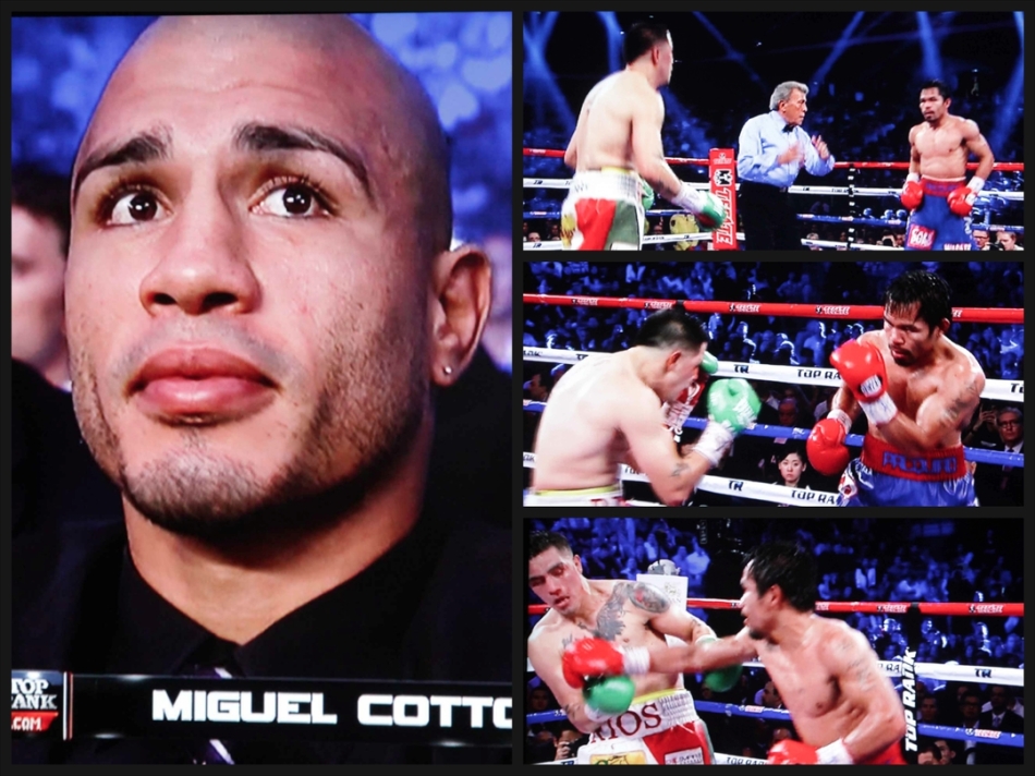 left: Puerto Rican contender Miguel Cotto watches Pacquiao dominate the younger Rios.
