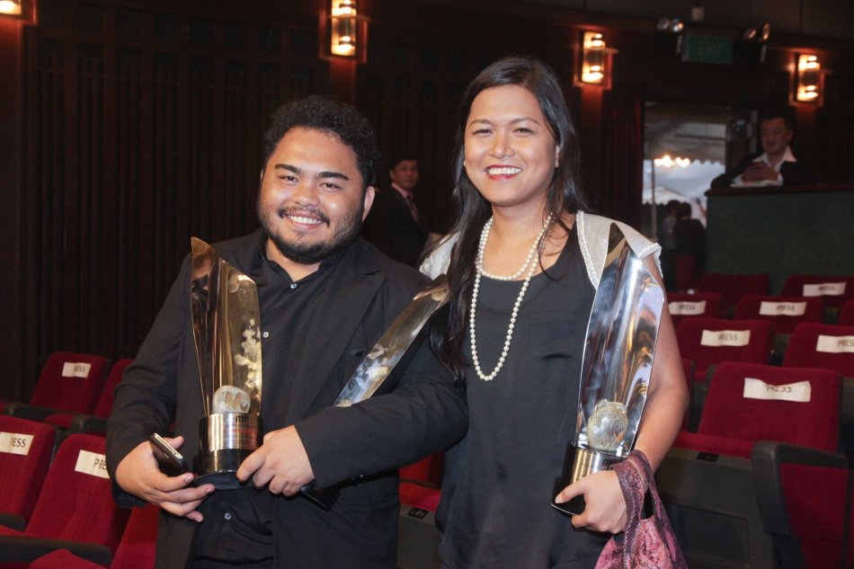 2nd Assistant Director Lir dela Cruz and Line Producer Maya Quirino represented Lav Diaz as NORTE SA HANGGANAN NG KASAYSAYAN won Best Picture, Best Actress (Angeli Diaz), Best Screenplay (Lav Diaz and Rody Vera) and Best Cinematography (Lauro Rene Manda). The 37th Gawad Urian Awards was held at the Dolphy Theater last June 17, 2014. Photo by Jude Bautista