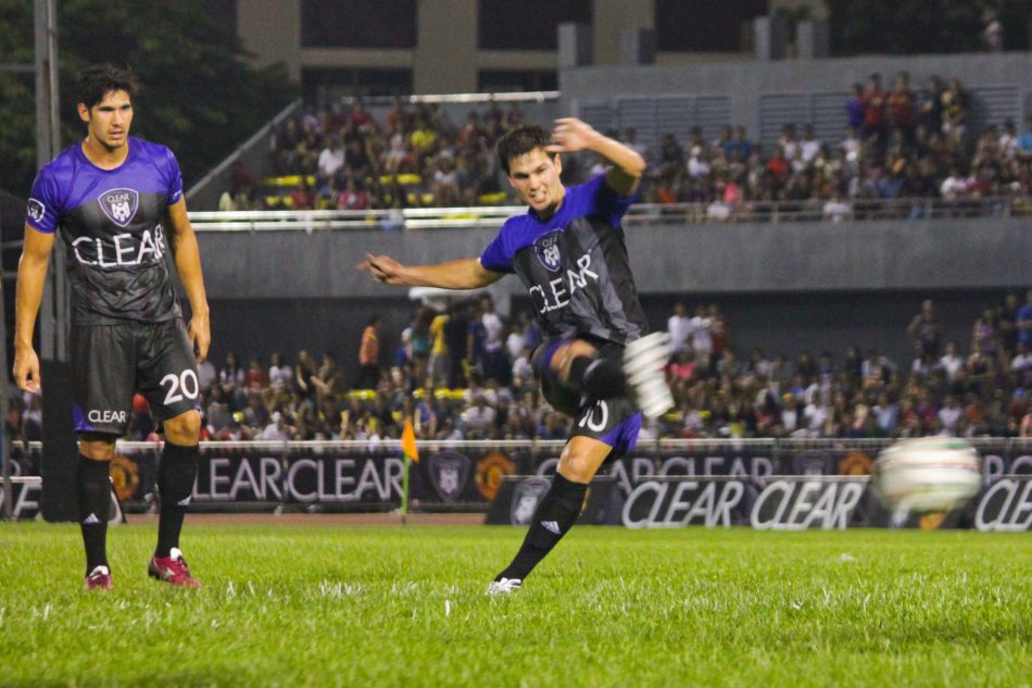 TEAM PHIL from left: Mark Hartmann looks at Phil Younghusband taking the free kick. THE CLEAR DREAM MATCH was held at the sold out University of Makati Stadium last June 7, 2014. Photo by Jude Bautista