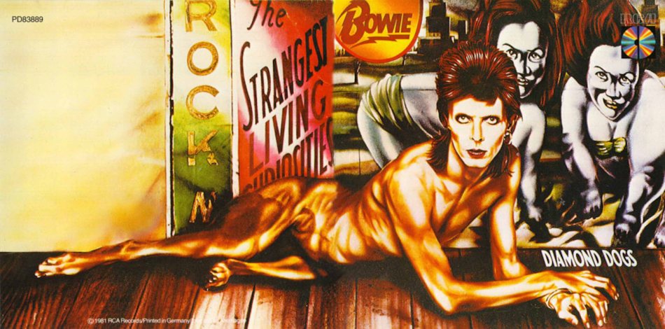 The Diamond Dogs album (1984) was designed by Guy Peellaert - Cover illustration with reference to Bowie photograph by Terry O'Neill