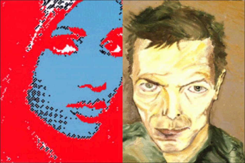 Bowie’s artworks includes prints (left) Iman, 1998 Lithograph on Somerset paper, 24 x 20 cm (right) Self Portrait (Mustique), 2002 Lithograph on Fabriano paper, 24 x 19 cm photo from http://www.bowieart.com/