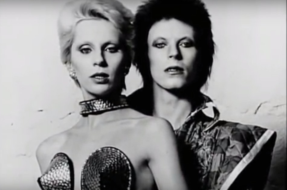 David with first wife Angie Barnett Bowie. She encouraged David to wear women’s clothing to stand out as a musician.