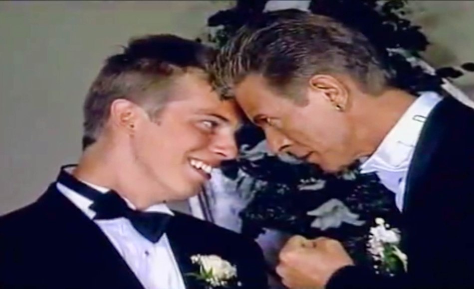 David and son Duncan Jones who became best man at the wedding with Iman 1992